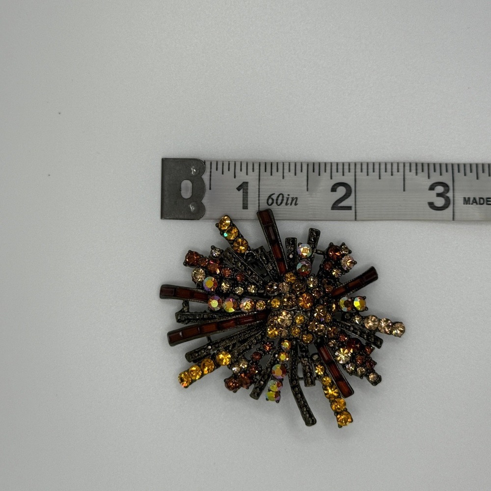 Vintage Amber Topaz Rhinestone Starburst Sparkle Brooch Gunmetal Sunburst Pin - Picture 4 of 10